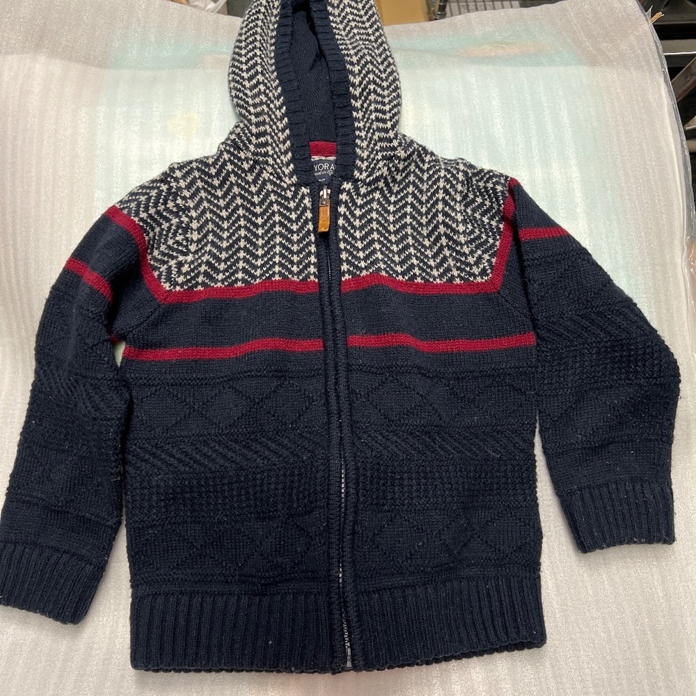 Mayoral size 5, 100 cm Kids sweater hoodie  in Navy, white &burgundy. Full zip